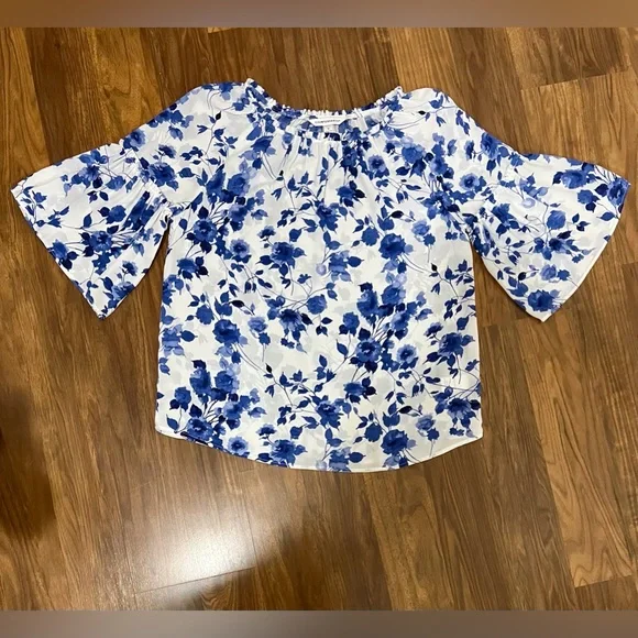 Counterparts white floral 3/4 Length Flounce Sleeve Blouse Size Medium - Picture 4 of 4